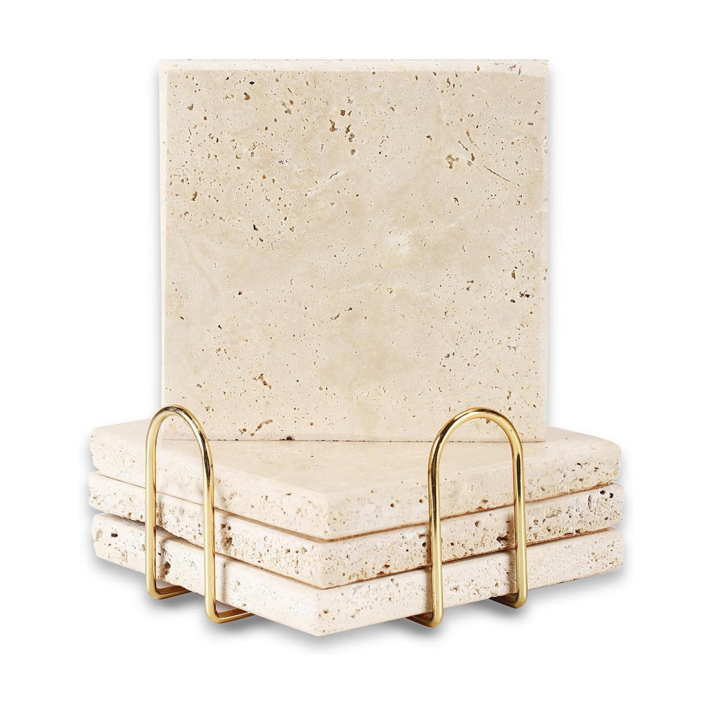 Gold Cup Holder / 4 Squares Coasters+ 1 Cup Holder / Natural / Set of 4