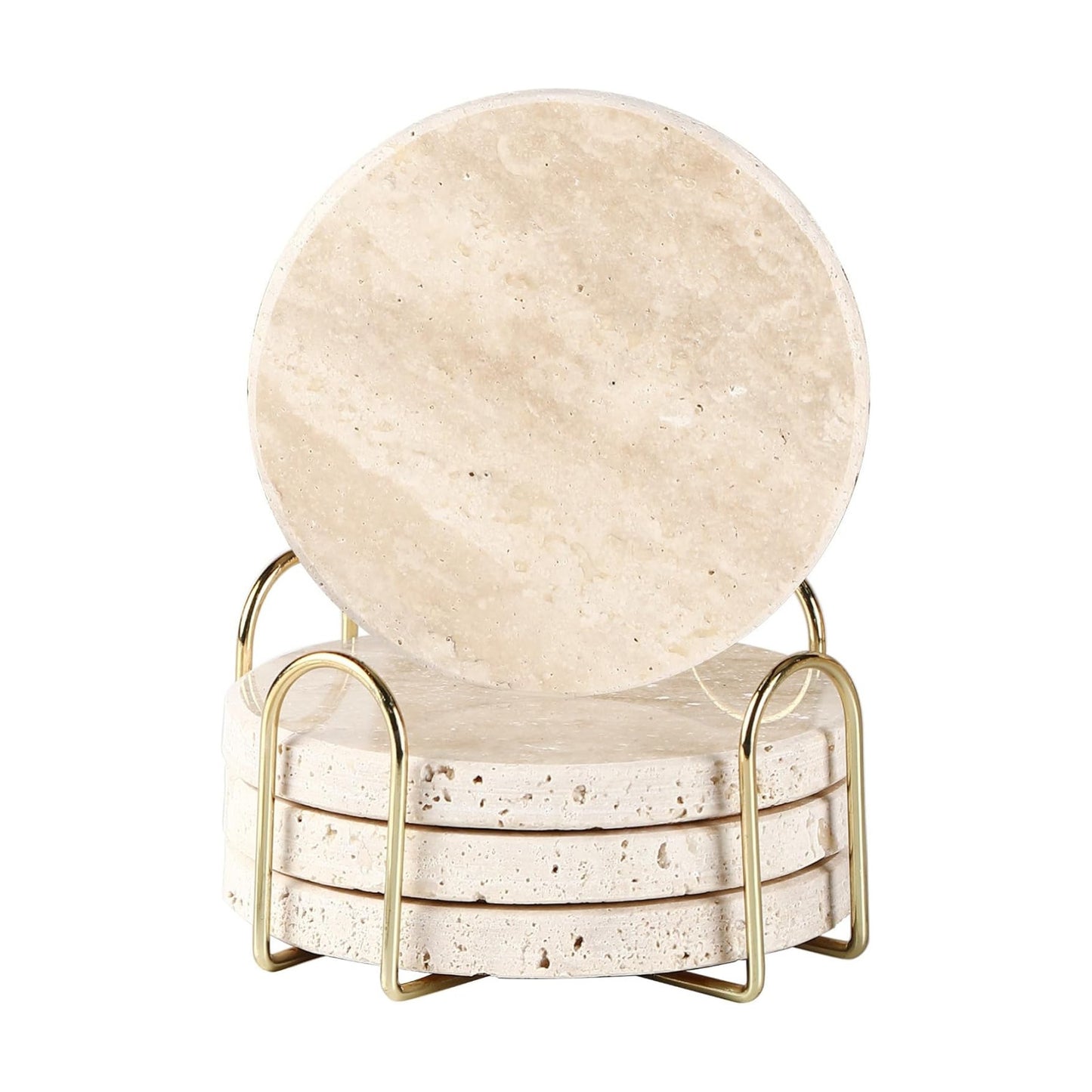 Yellow Travertine Marble Coasters -4" Round / 4 Round Coasters+ 1 Cup Holder / Natural / Set of 4