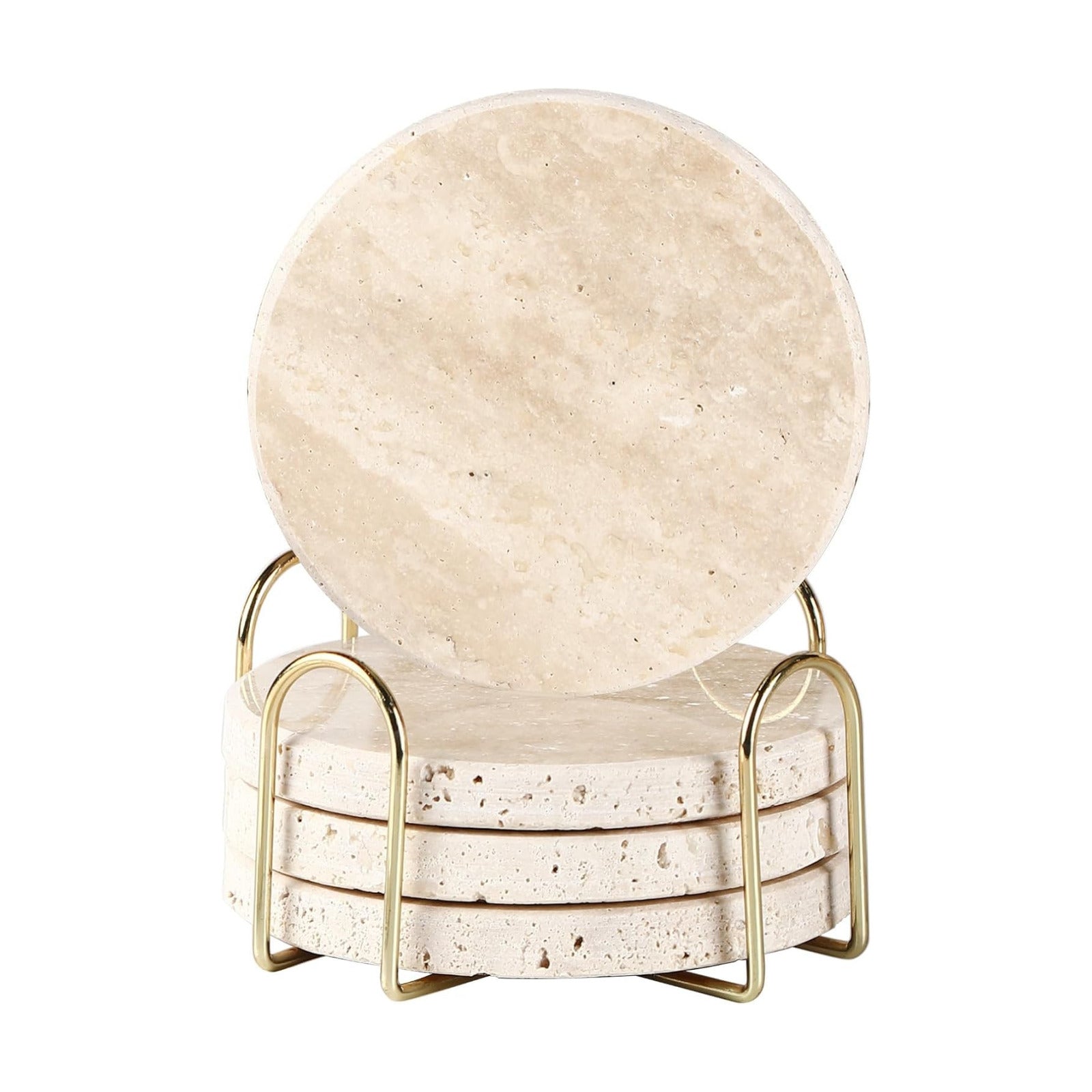 Yellow Travertine Marble Coasters -4" Round / 4 Round Coasters+ 1 Cup Holder / Natural / Set of 4