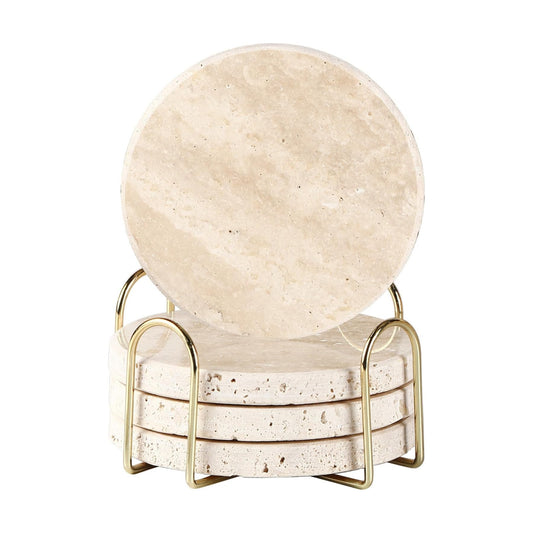Yellow Travertine Marble Coasters -4" Round / 4 Round Coasters+ 1 Cup Holder / Natural / Set of 4