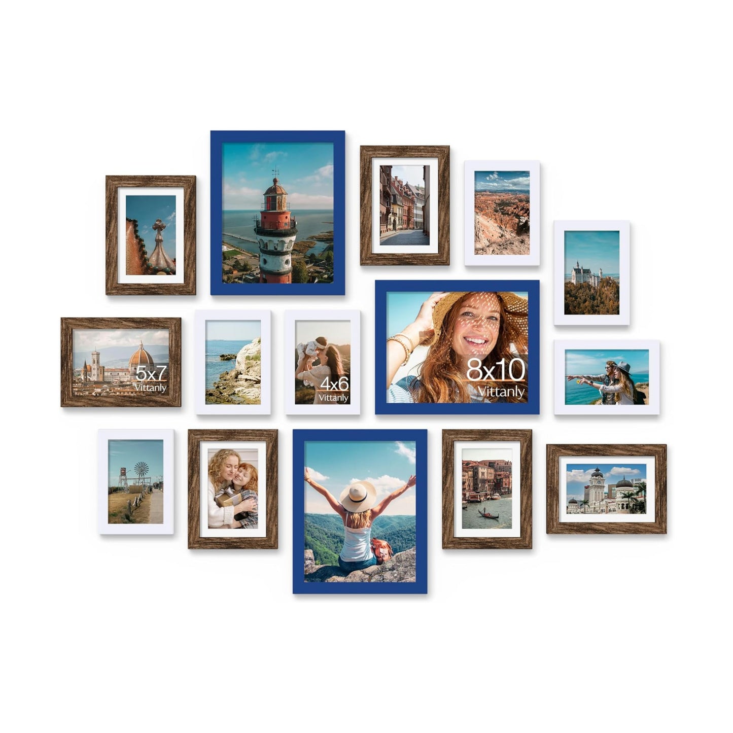Vittanly 15 Pack Gallery Wall Frame Set, Blue, Brown, White