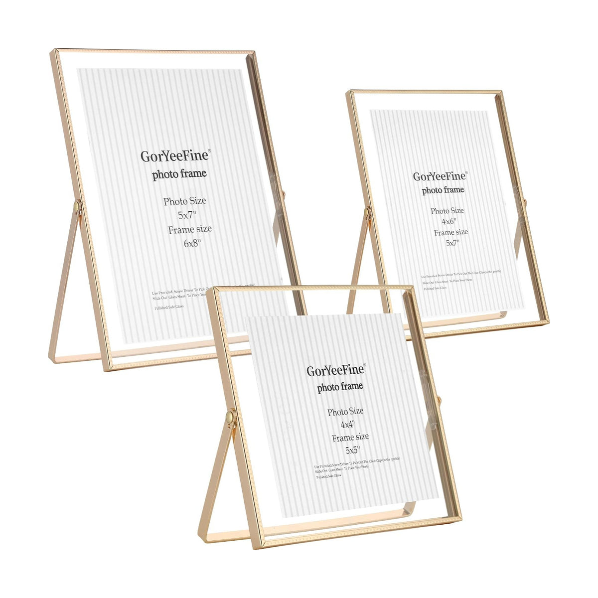 Gold Floating Picture Frames Set of 3,Metal Geometric Photo Frame with Glass Cover Includes(5x7'',4x6'',4x4'')Tabletop