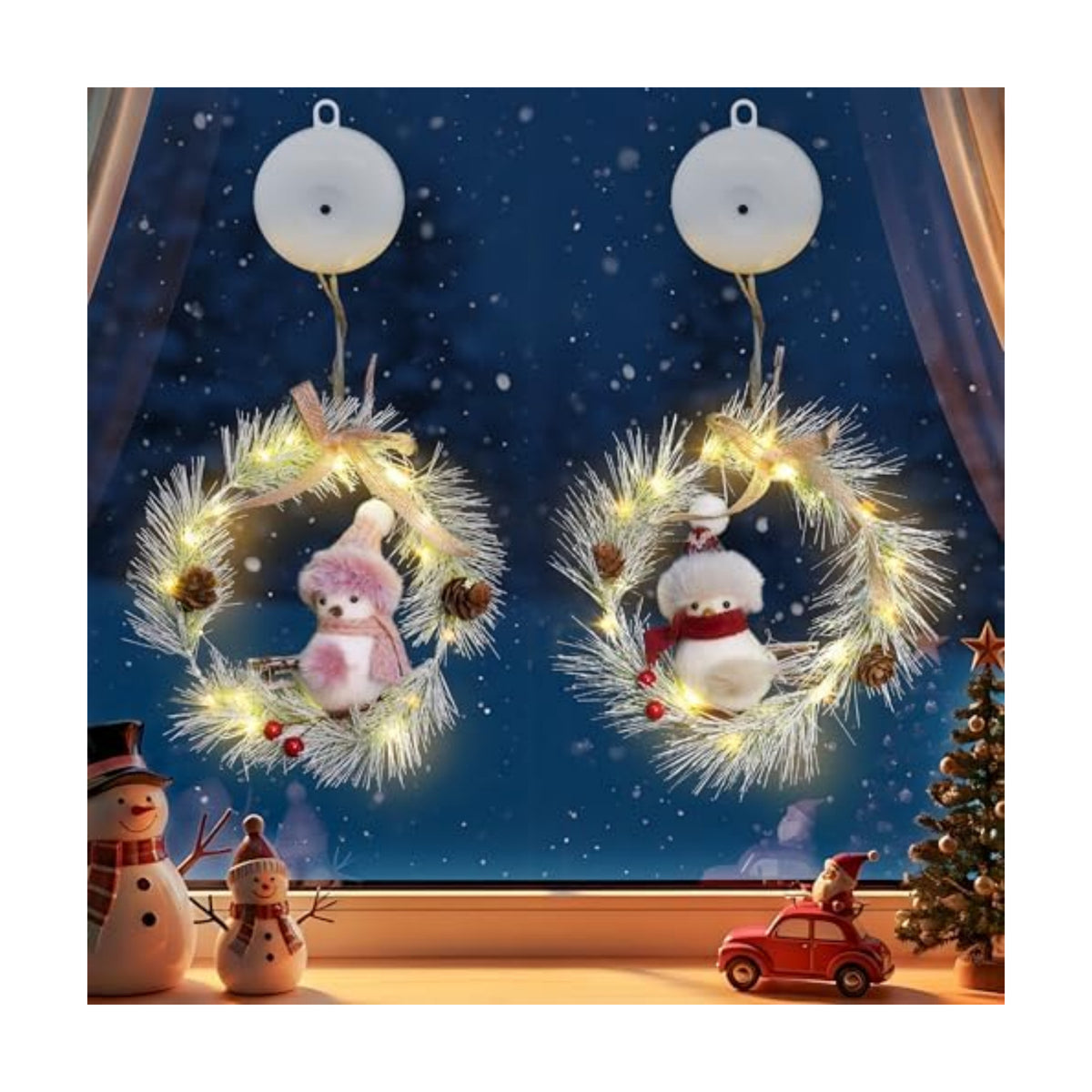 suddus Christmas Window Lights with Suction Cup, 2Pcs Wreath String Lights