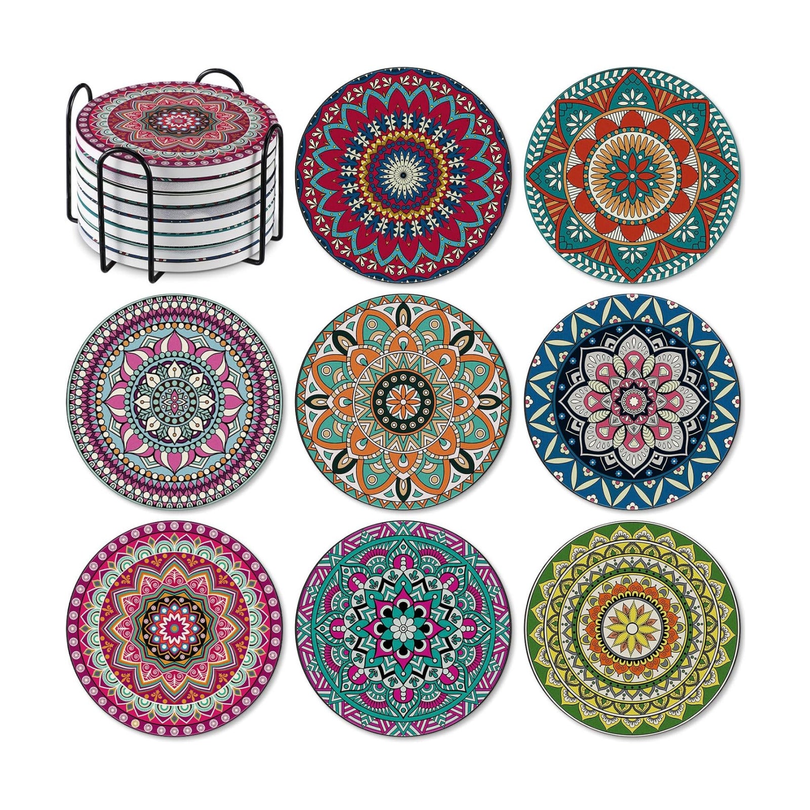 Holder Mandala Round Absorbent Drink Coasters / Mandala Style / 4 Inch / Set of 8
