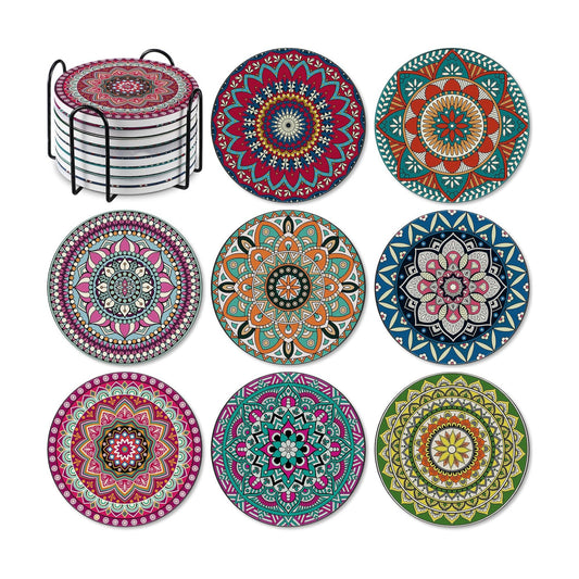 Holder Mandala Round Absorbent Drink Coasters / Mandala Style / 4 Inch / Set of 8