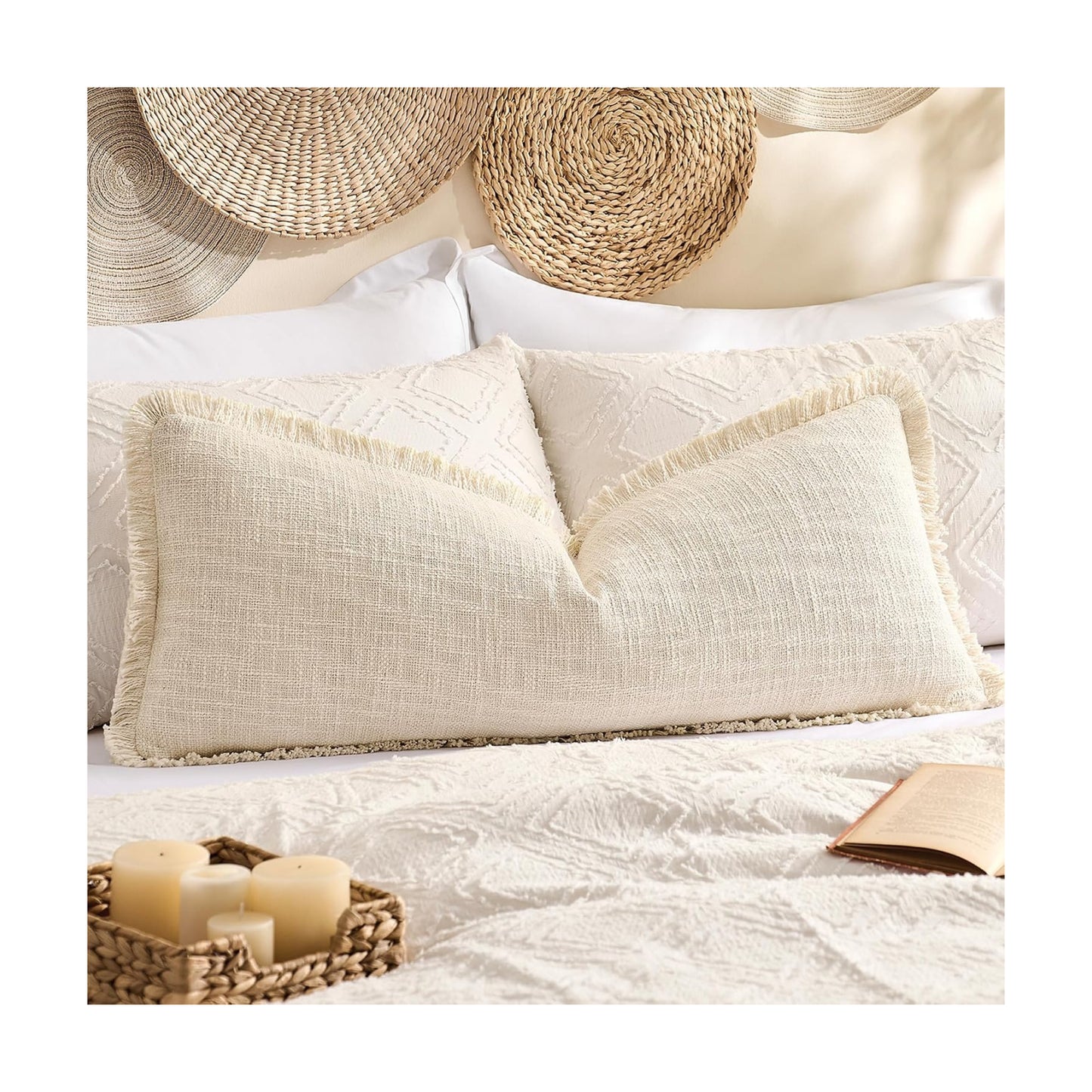 Kevin Textile Long Lumbar Pillow Cover Boho Fringe Decorative Rectangle Cushion / 36 x 14 / Beige
