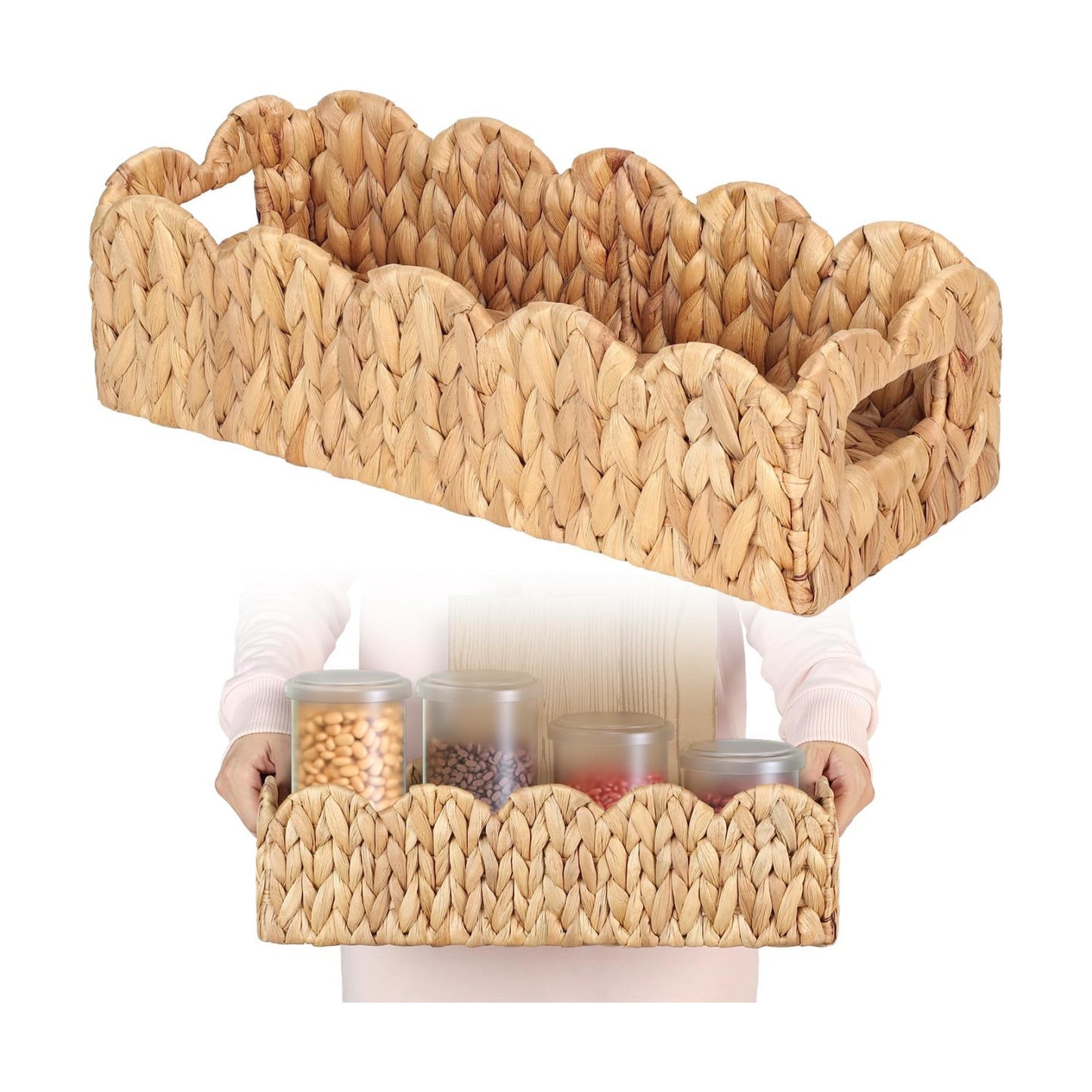 Handwoven Water Hyacinth Scalloped Countertop Storage Basket / Natural