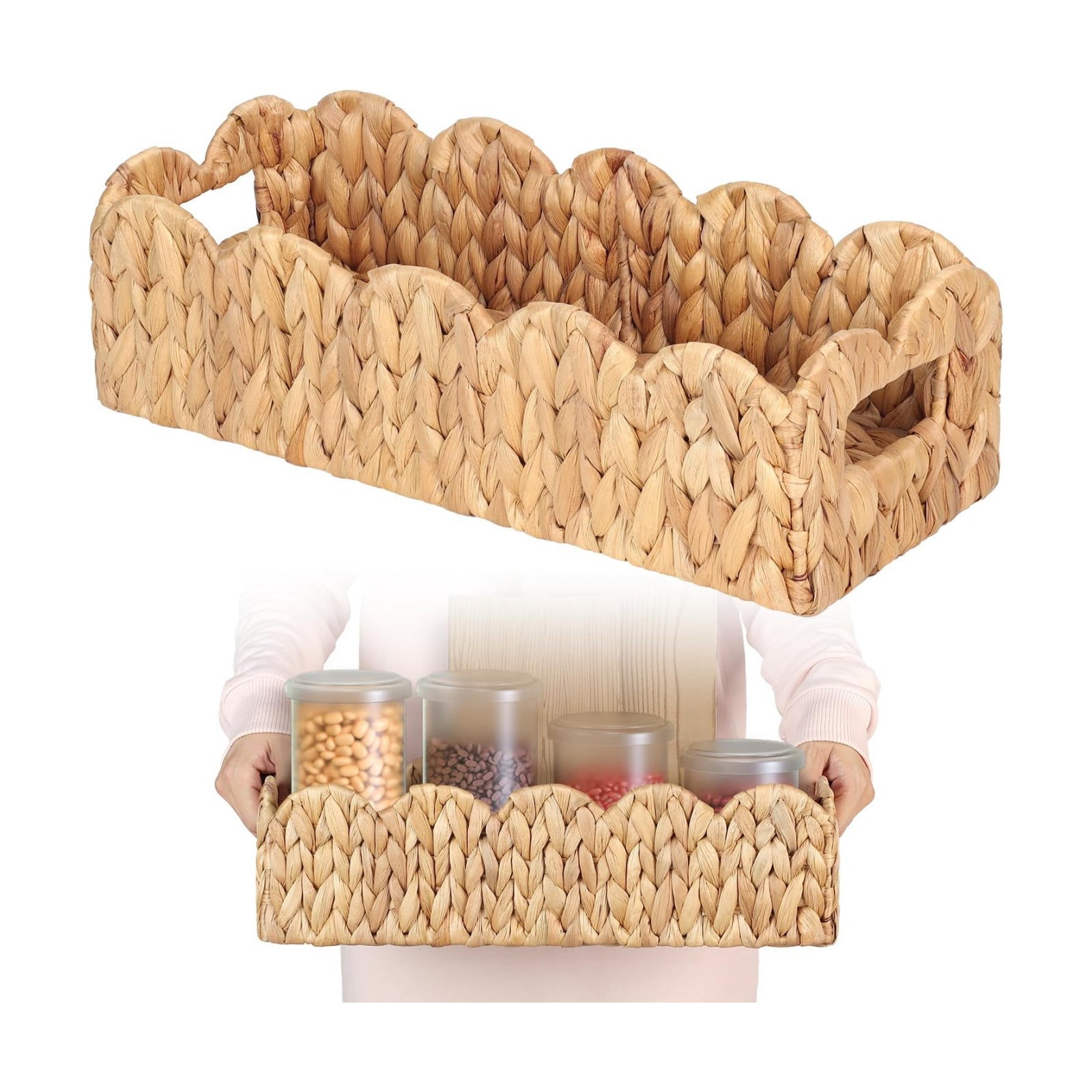 Handwoven Water Hyacinth Scalloped Countertop Storage Basket / Natural