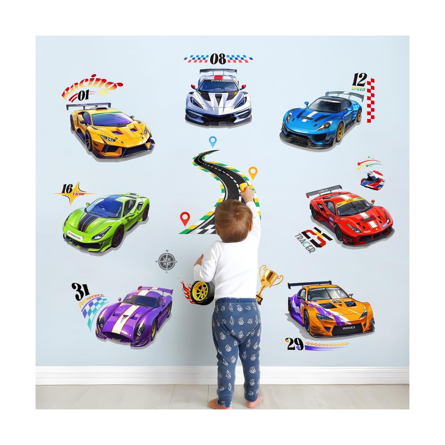 Racing Car Wall Decals Roads Vehicles Wall Stickers Vinyl Peel and Stick Art Decor for Boys Bedroom