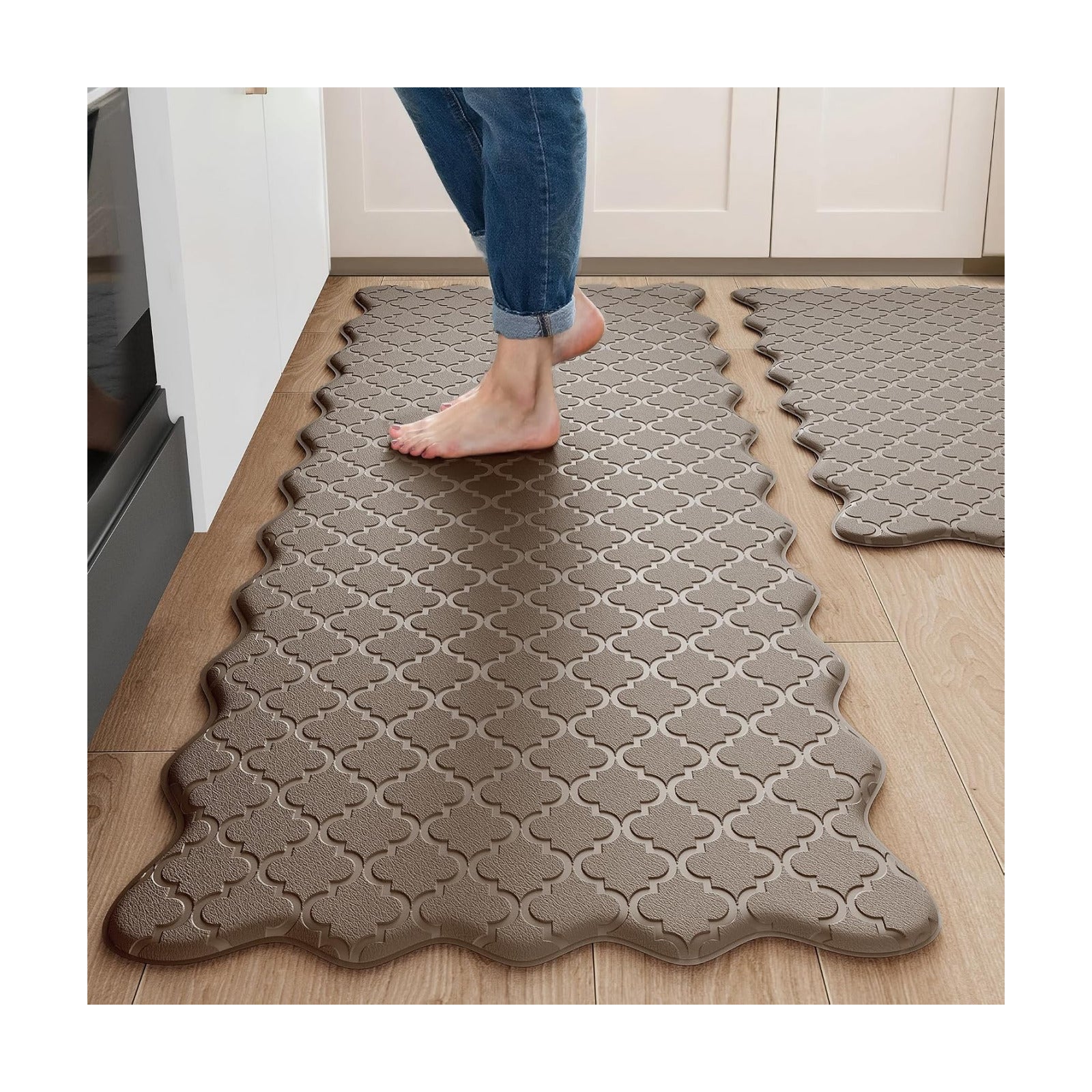 Arenarug Upgrade Scalloped Kitchen Mats for Floor 2PC, Brown Kitchen Rugs