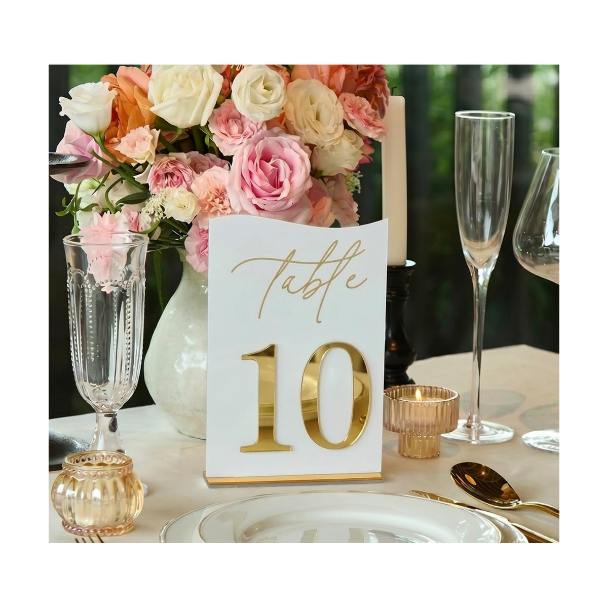 Gold Mirrored Acrylic Wedding Table Numbers 1-10 Set, Self-Standing Modern Arched Signs for Reception Seating