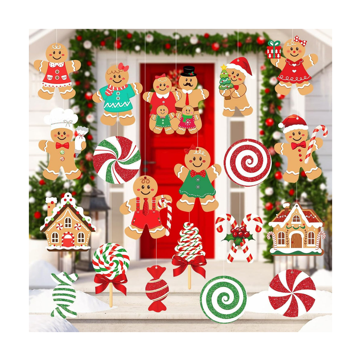 20 Pcs Gingerbread Christmas Decorations Outdoor Large Gingerbread Hanging Xmas Candy Ginger Bread House Decor Double Sided Printing Sign for Tree Yard Porch Office Home Holiday Outside Indoor Merry