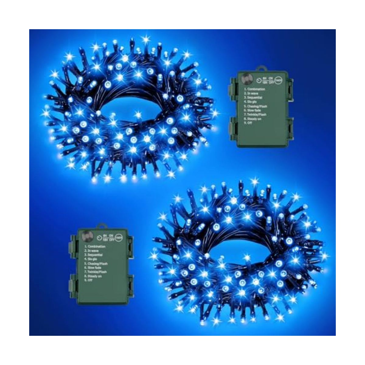 Blue Christmas Lights Outdoor Battery Operated String Lights Total 100LED 33Ft with Timer 8 Modes 16.4Ft*2 Waterproof Outdoor Indoor for Christmas Decor, Blue, 2-Pack
