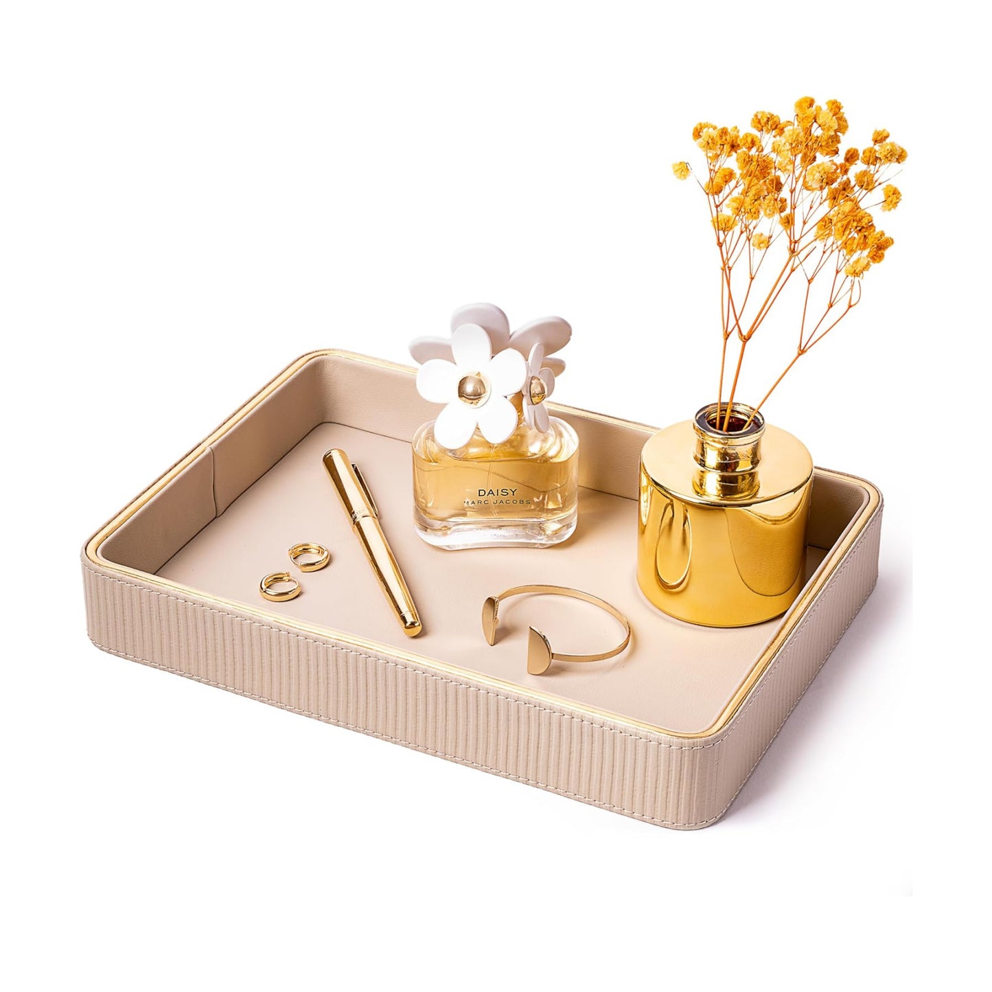 Nightstand Organizer / Bedroom Tray Catchall / Beige / 8 x 11 x 1.8