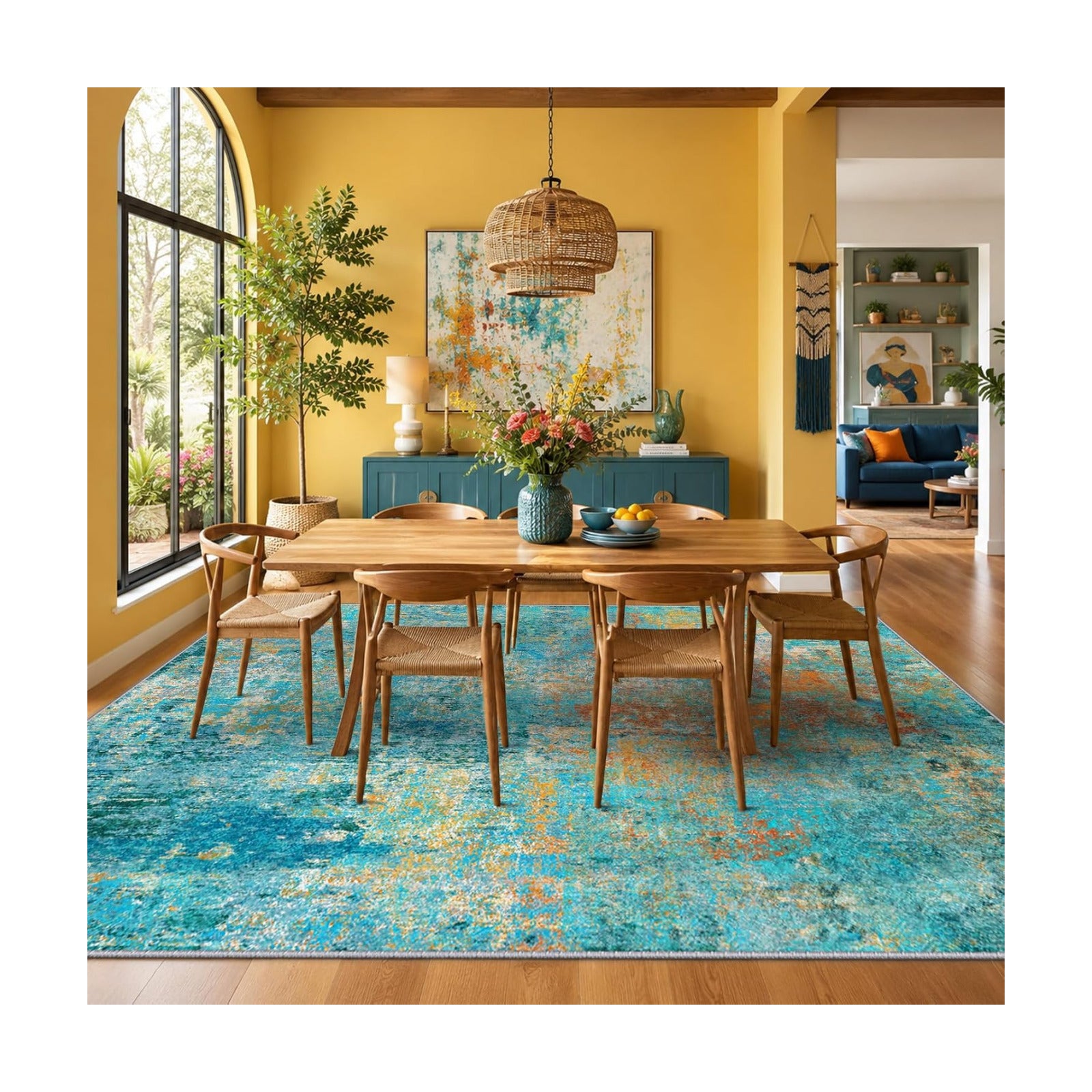 RELEANY Washable 6'x8' Abstract Area Rug for Living Room Teal Multi