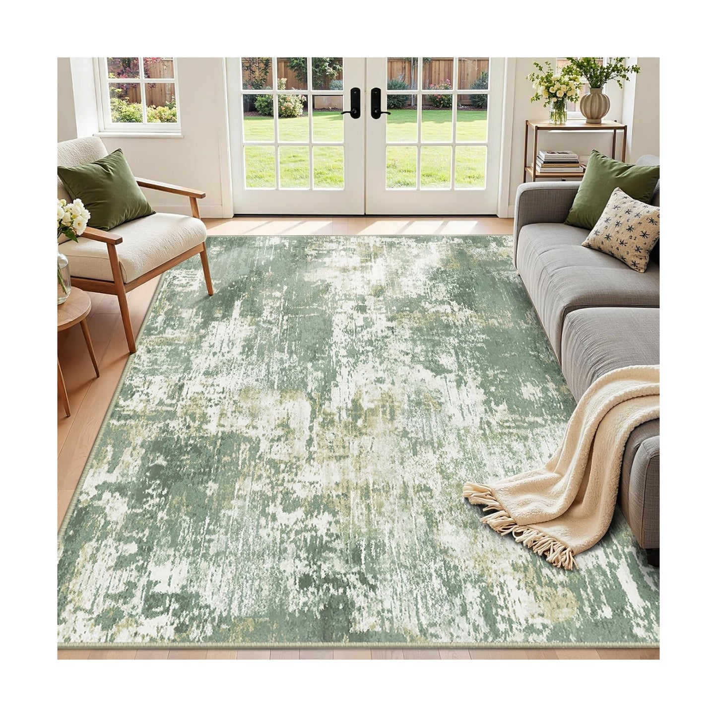 RELEANY Washable 5'x8' Abstract Area Rug for Living Room Light Green