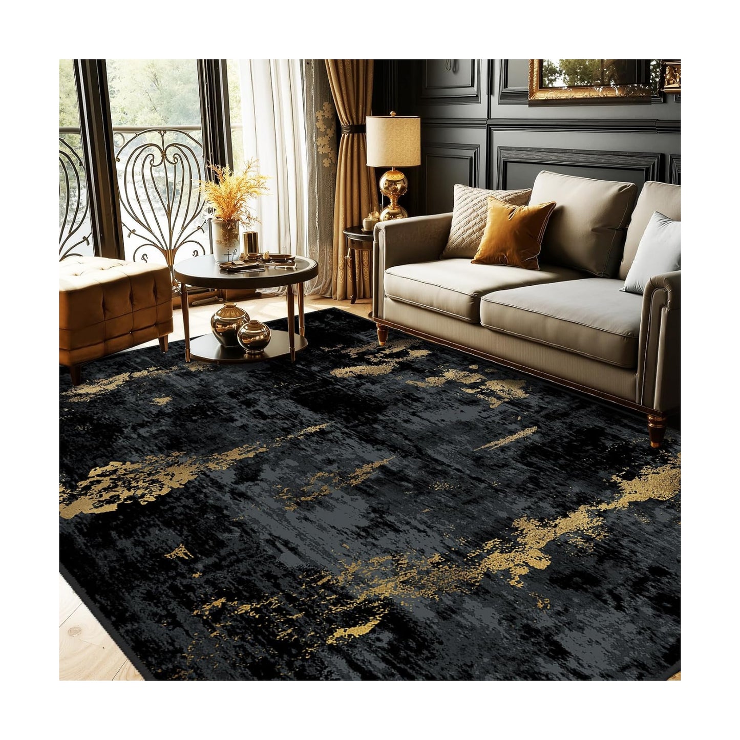 RELEANY Washable 7'x9' Abstract Area Rug for Living Room Black Gold