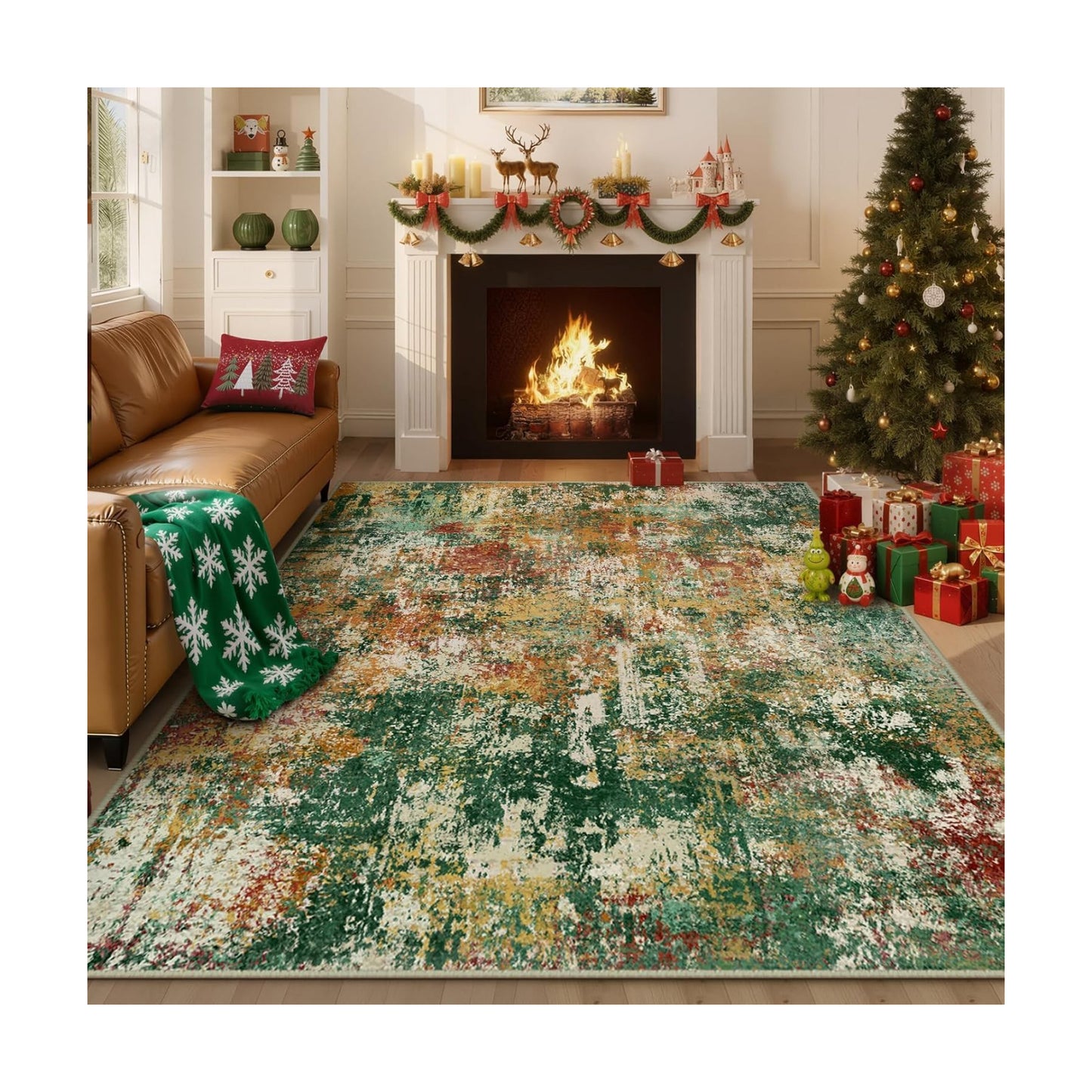 RELEANY Washable 5'x8' Abstract Area Rug for Living Room Green Multi