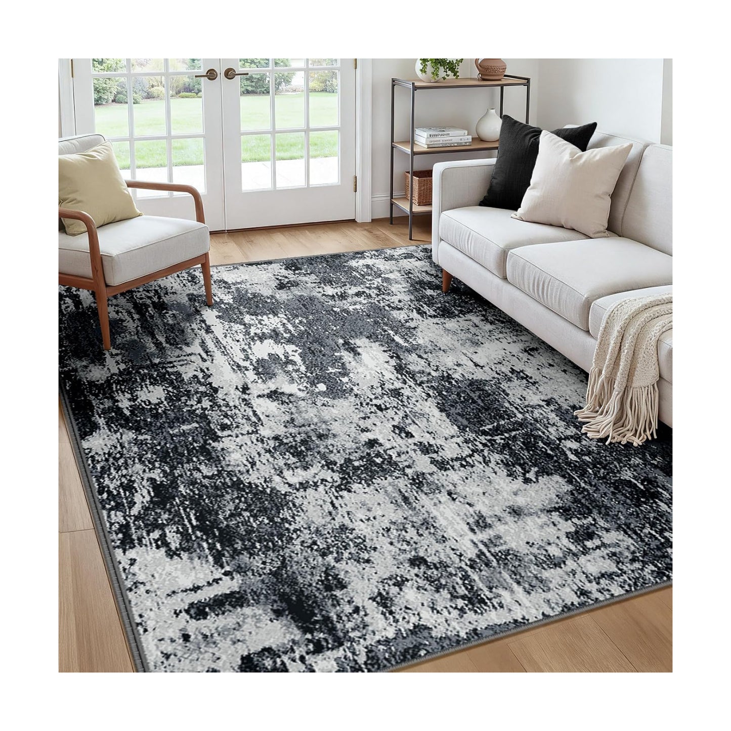 RELEANY Washable Square 7'x7' Area Rug for Living Room Black White