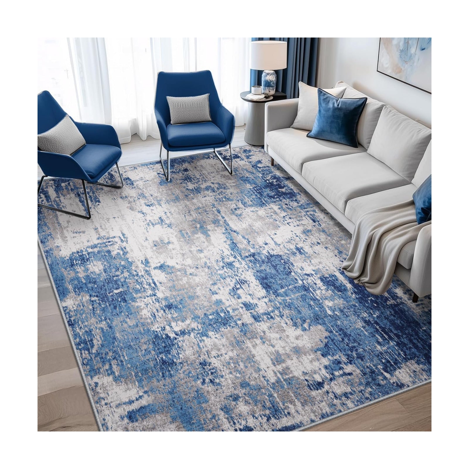 RELEANY Washable 4'x5' Abstract Area Rug for Living Room Blue Gray
