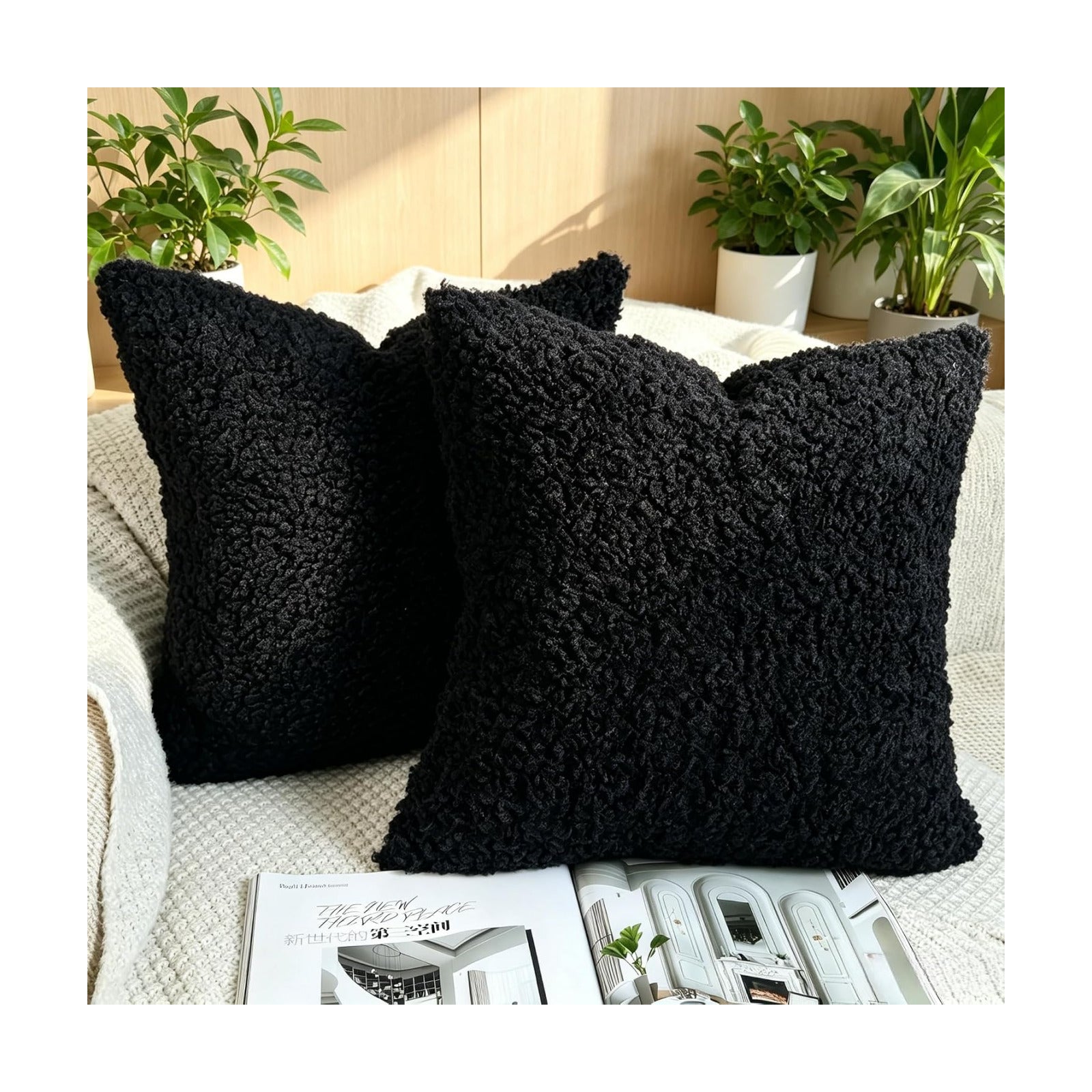 Faux Fur Decorative Pillow Covers Soft Fluffy Sherpa Boucle Throw / Black / 18 x 18 / Set of 2