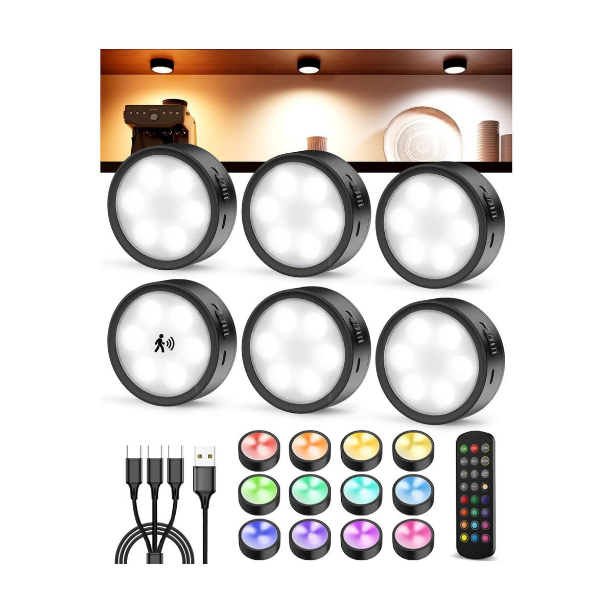 2400mAh Rechargeable Puck Lights with Radar Motion Sensor and Remote | RGB Color Changing, Magnetic, USB-C, Timer