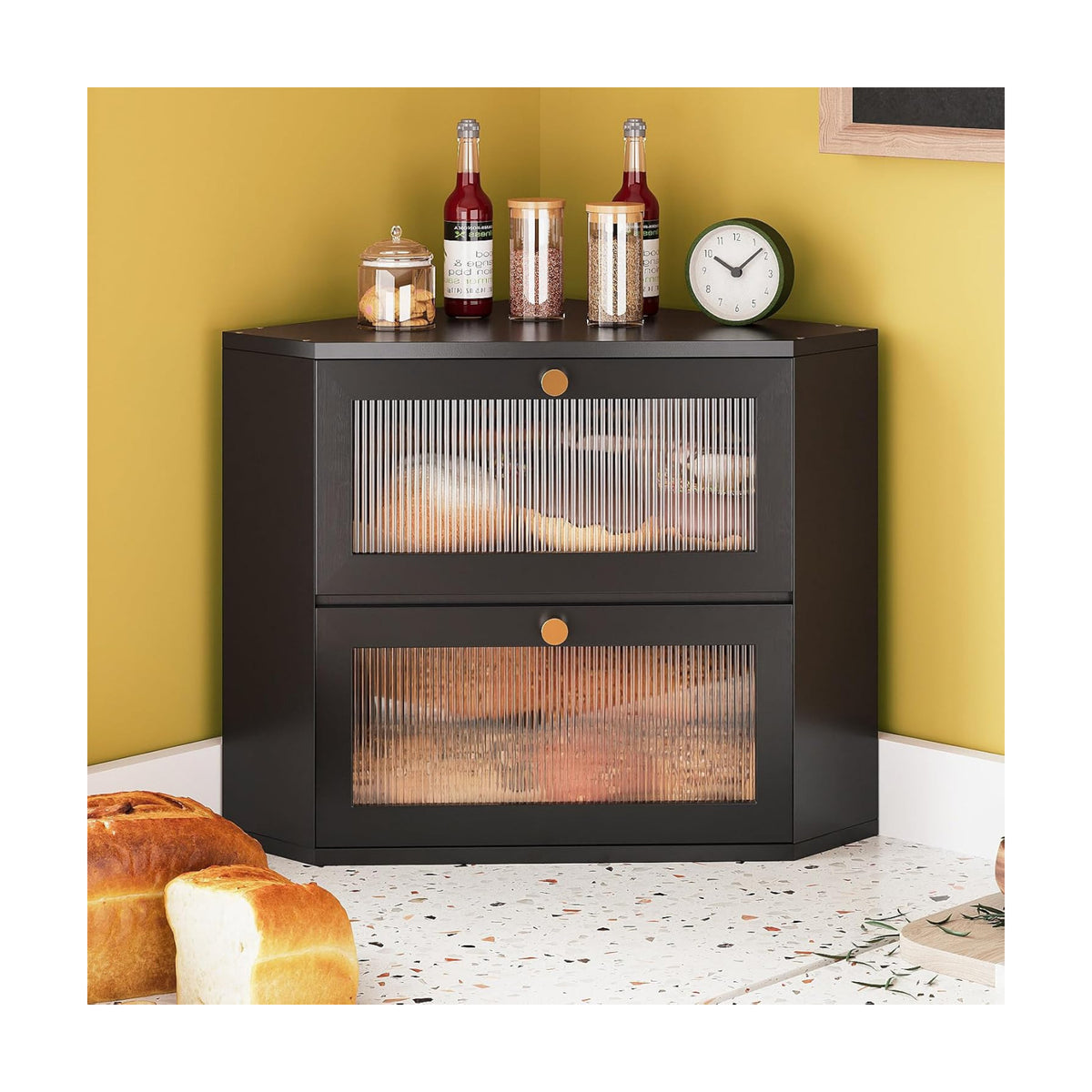 Trironsun Corner Bamboo Bread Box for Kitchen Counter Double Layer Bread Storage Container Large Capacity Bread Storage