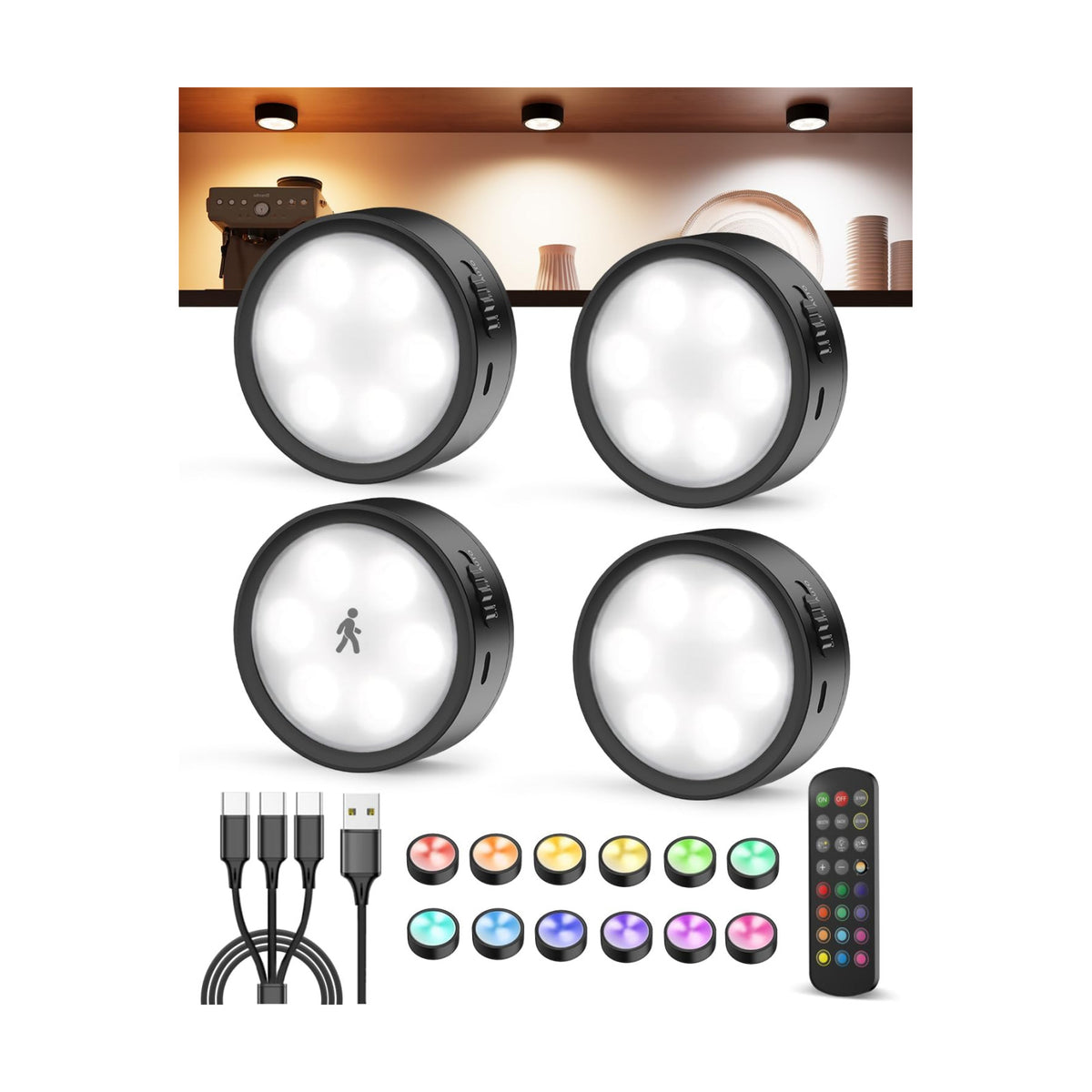 2400mAh Rechargeable Puck Lights, Motion Sensor Under Cabinet Light | RGB Color Changing, Magnetic, USB-C, Timer