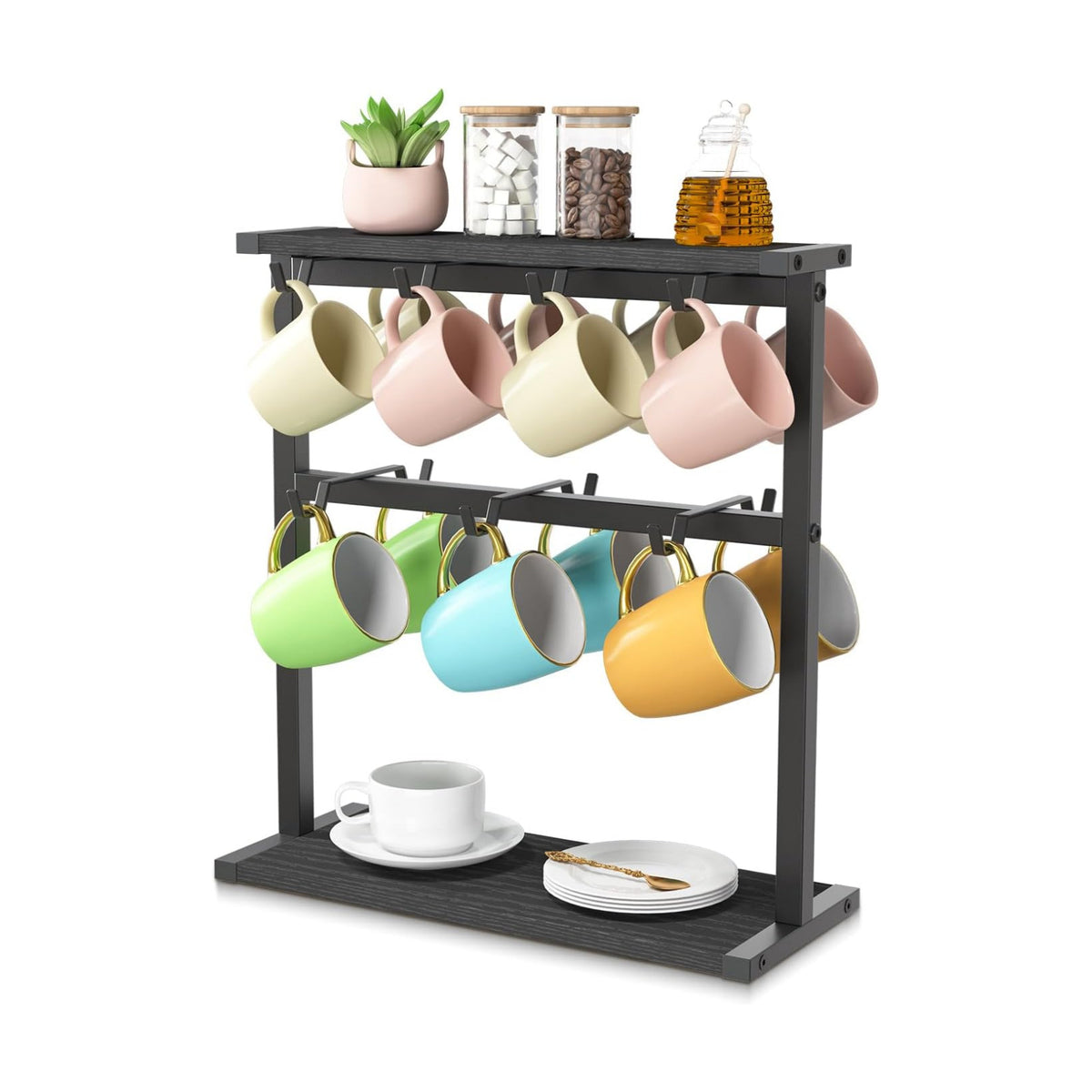 EsLuker.ly Coffee Mug Holder Cup Tree Rack for Coffee Bar Countertop | 2 Tier Wood Organizer Narrow Display Stand for