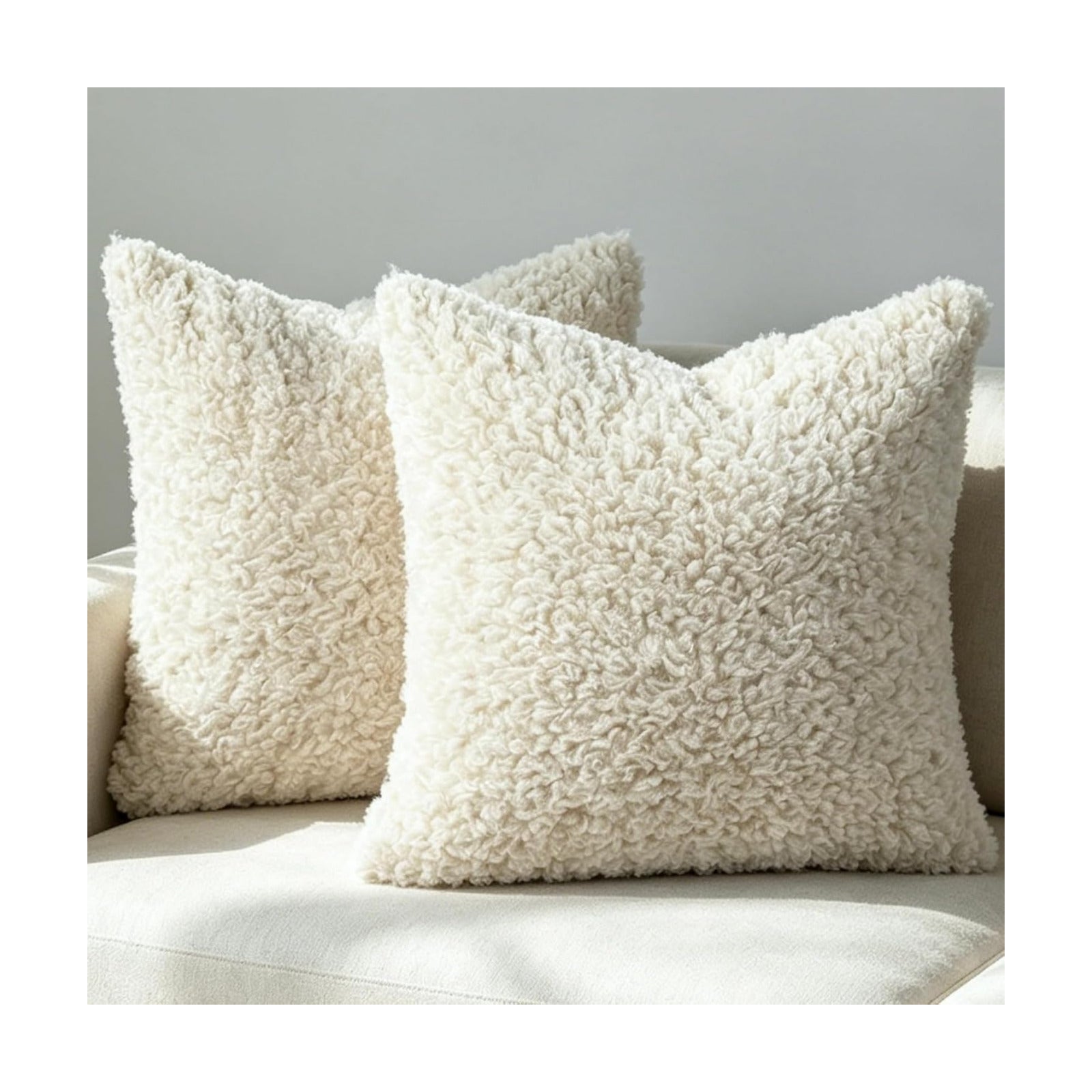 Faux Fur Decorative Pillow Covers Soft Fluffy Sherpa Boucle Throw / Light Beige / 18 x 18 / Set of 2