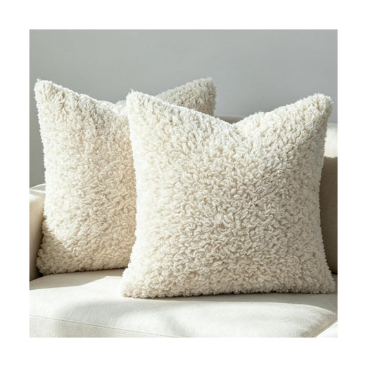 Faux Fur Decorative Pillow Covers Soft Fluffy Sherpa Boucle Throw / Light Beige / 18 x 18 / Set of 2