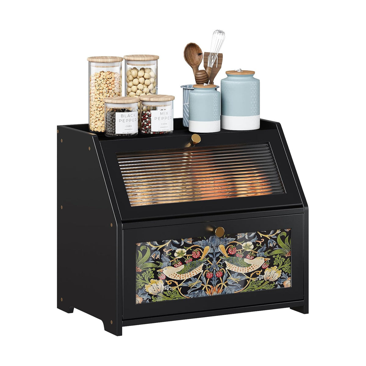 Trironsun Bamboo Bread Box for Kitchen Counter Black Bread Storage Container with Acrylic Door William Morris Flower