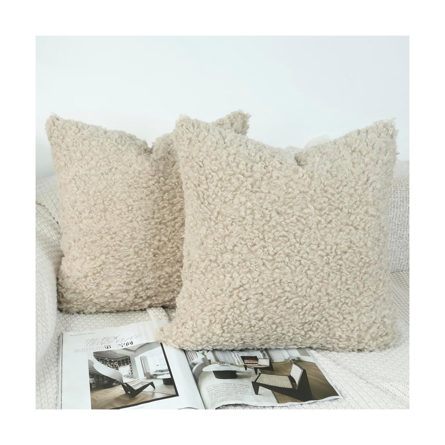 Faux Fur Decorative Pillow Covers Soft Fluffy Sherpa Boucle Throw / Oatmeal / 18 x 18 / Set of 2