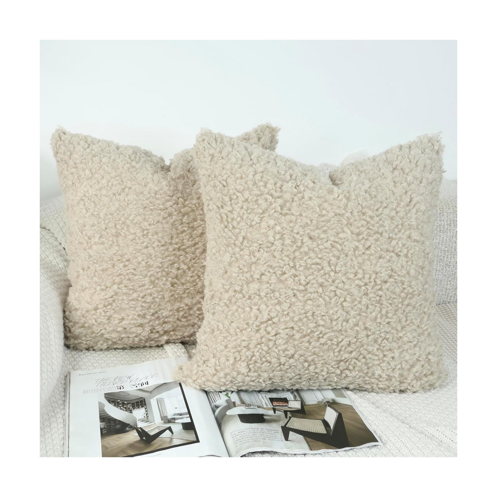 Faux Fur Decorative Pillow Covers Soft Fluffy Sherpa Boucle Throw / Oatmeal / 18 x 18 / Set of 2