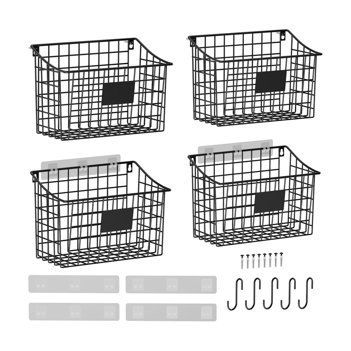 Wall Basket with Label Plate & 5 S-Hooks –4 Pack Hanging Wire Basket for Organizing, Wall Storage for Kitchen