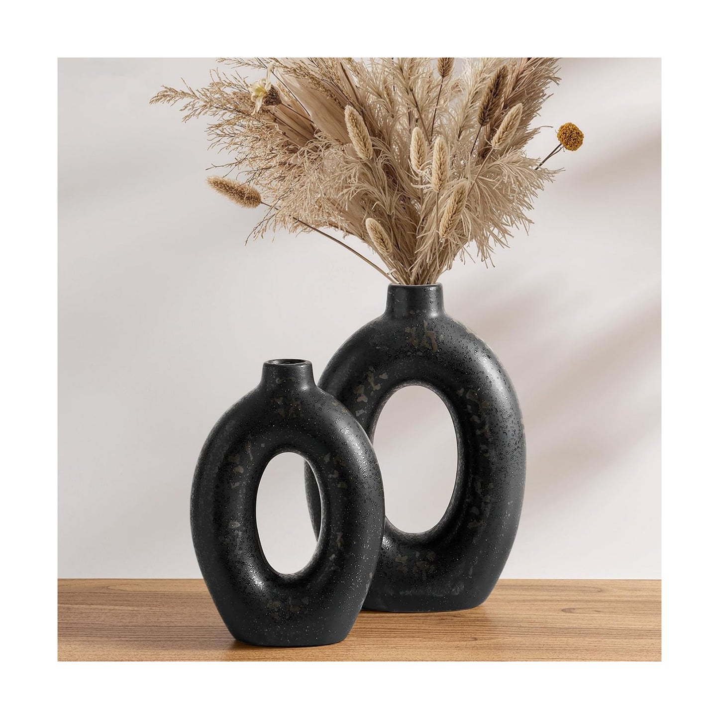 Ceramic Vases / Hollow Donut Flower Vases / Black / 10.5" + 8.5 / Set of 2