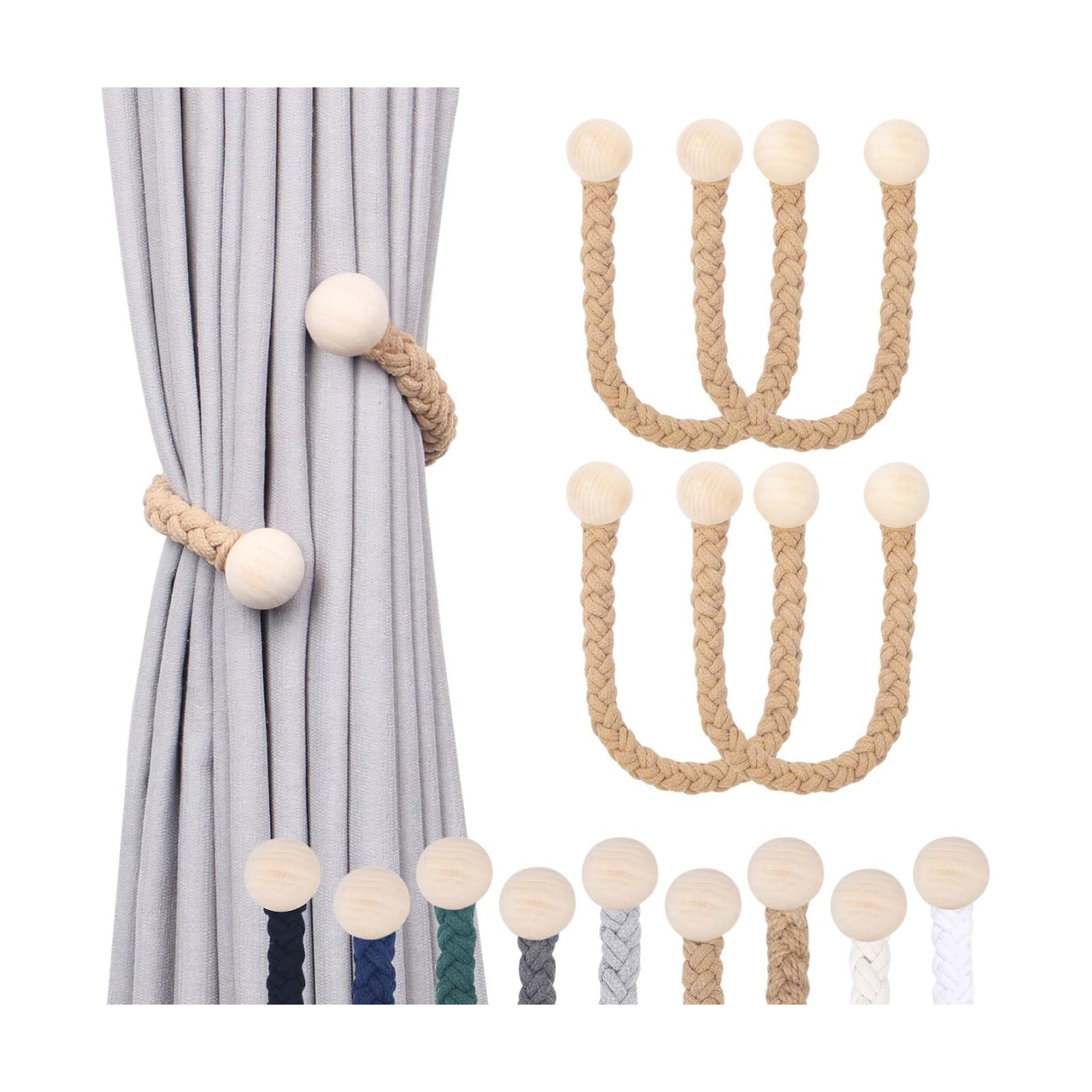 Wooden Ball Decor Curtain Tiebacks Farmhouse Rustic Style Drape Tie Backs / Dark Beige / Set of 4