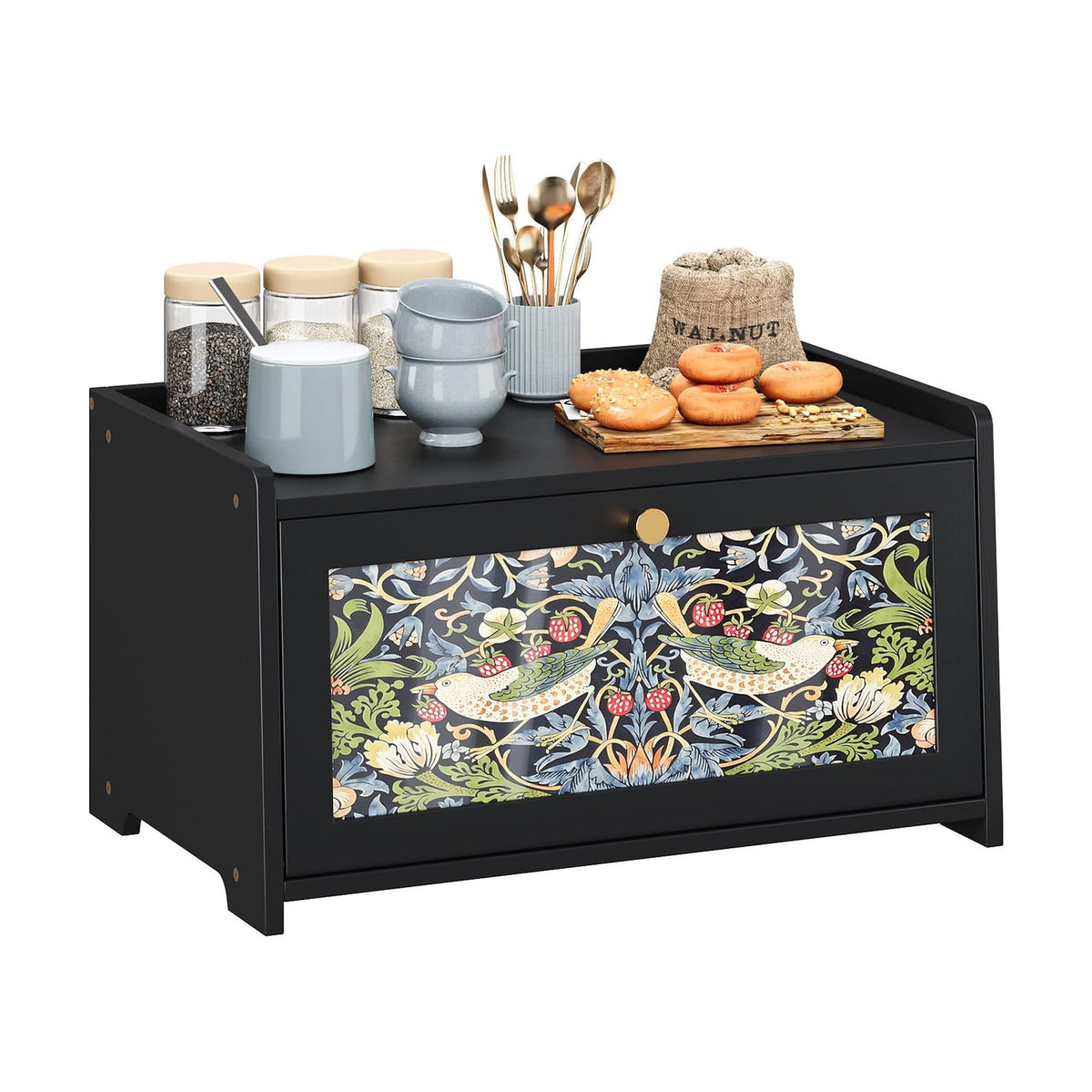 Trironsun Bread Box for Kitchen Counter Black Bread Storage Container with Acrylic Door William Morris Flower Bird
