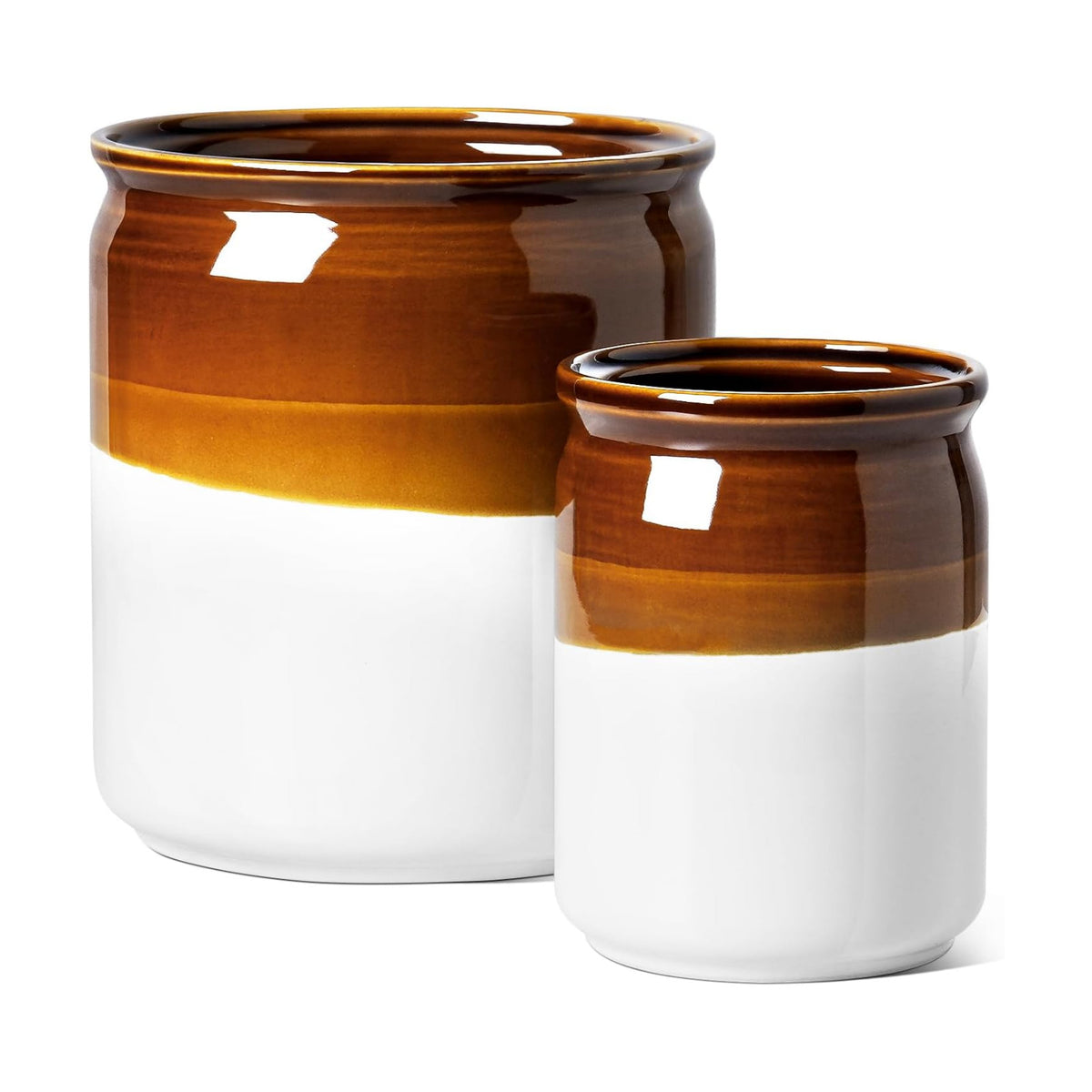 LE TAUCI Kitchen Utensil Holder for Countertop, Ceramic Utensil Crock Set of 2, Rustic Brown Holder for Spatulas