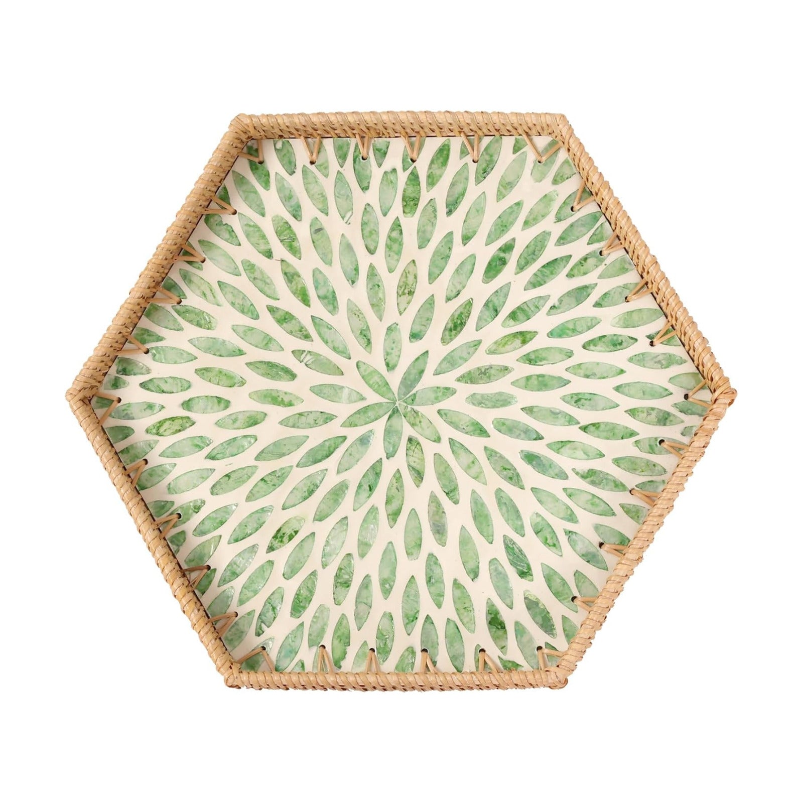 Hexagon Rattan Tray / Green Leaves