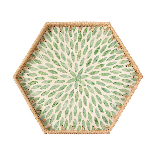 Hexagon Rattan Tray / Green Leaves