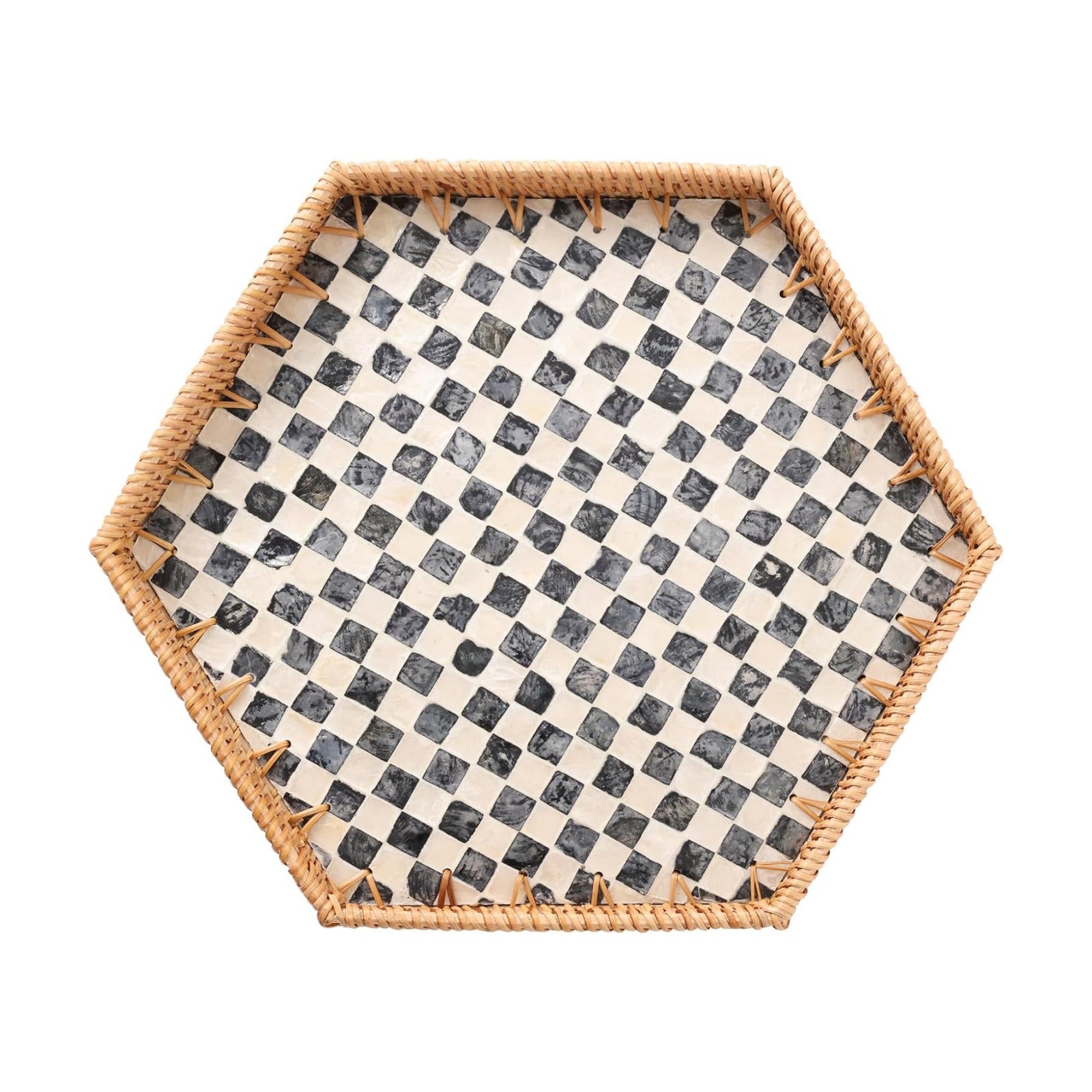 Hexagon Rattan Tray / Black Checker