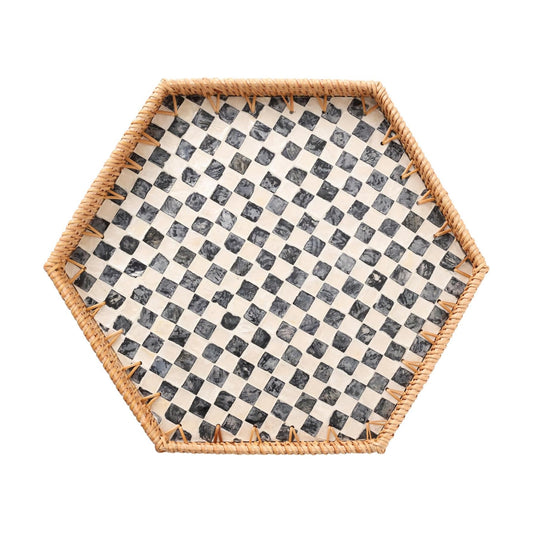 Hexagon Rattan Tray / Black Checker