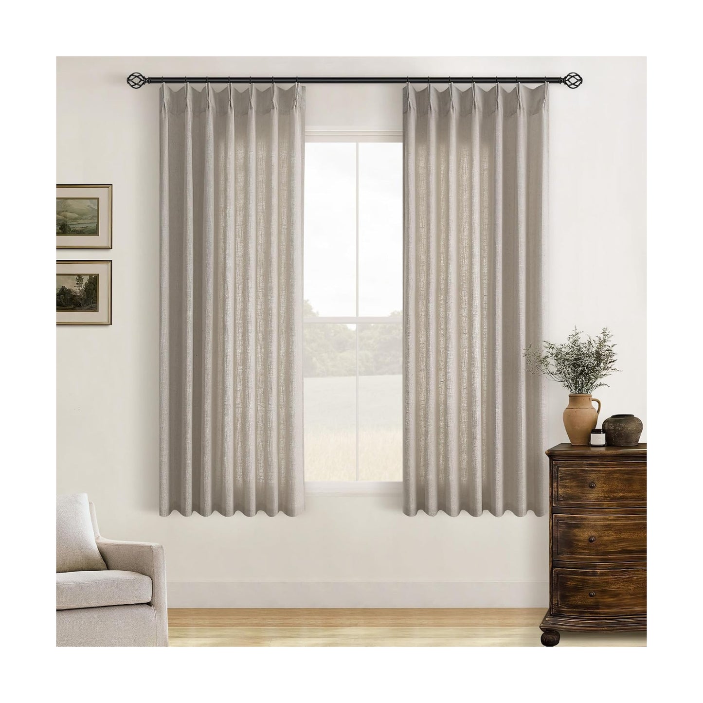 Burlywood Birch Pinch Pleated Linen Curtains 63 Inch Length 2 Panels Set
