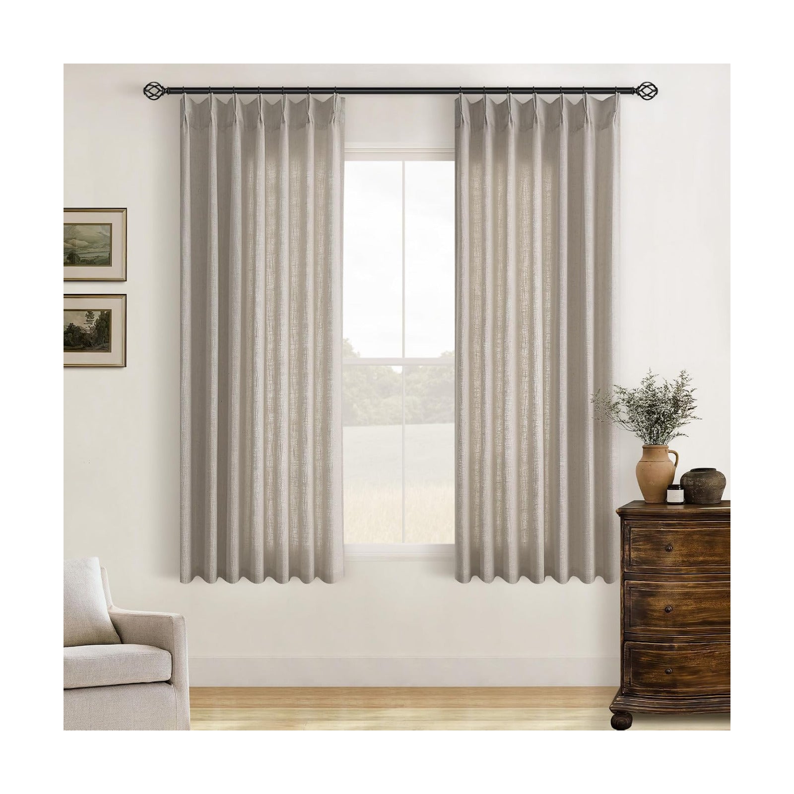 Burlywood Birch Pinch Pleated Linen Curtains 63 Inch Length 2 Panels Set