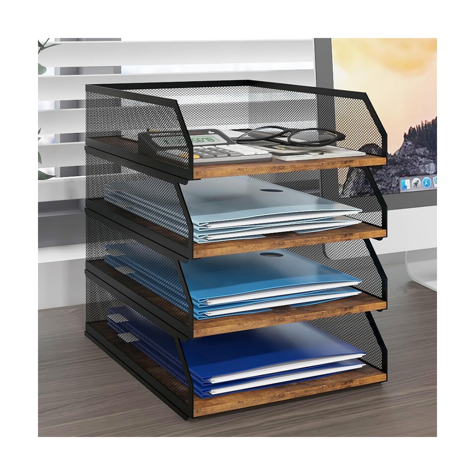 Natwind 4-Tier Stackable Metal Mesh Paper Organizer with Sliding Tray,Retro | Wooden Desk Organizer, Letter Tray For