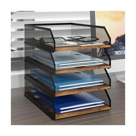 Natwind 4-Tier Stackable Metal Mesh Paper Organizer with Sliding Tray,Retro | Wooden Desk Organizer, Letter Tray For