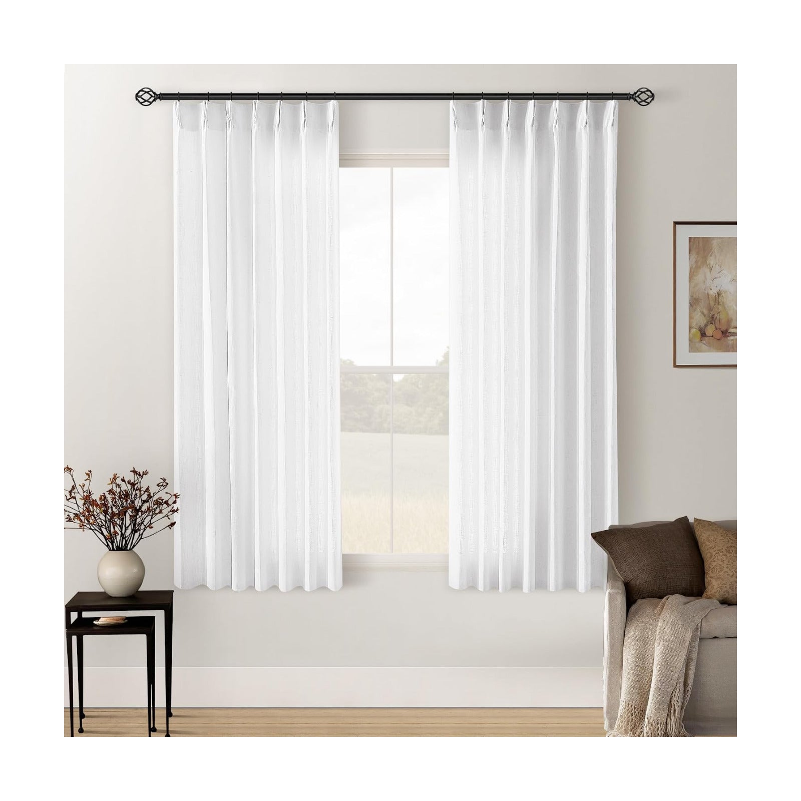 TWODRAPES Snow White Pinch Pleated Linen Curtains 63 Inch Length 2 Panels