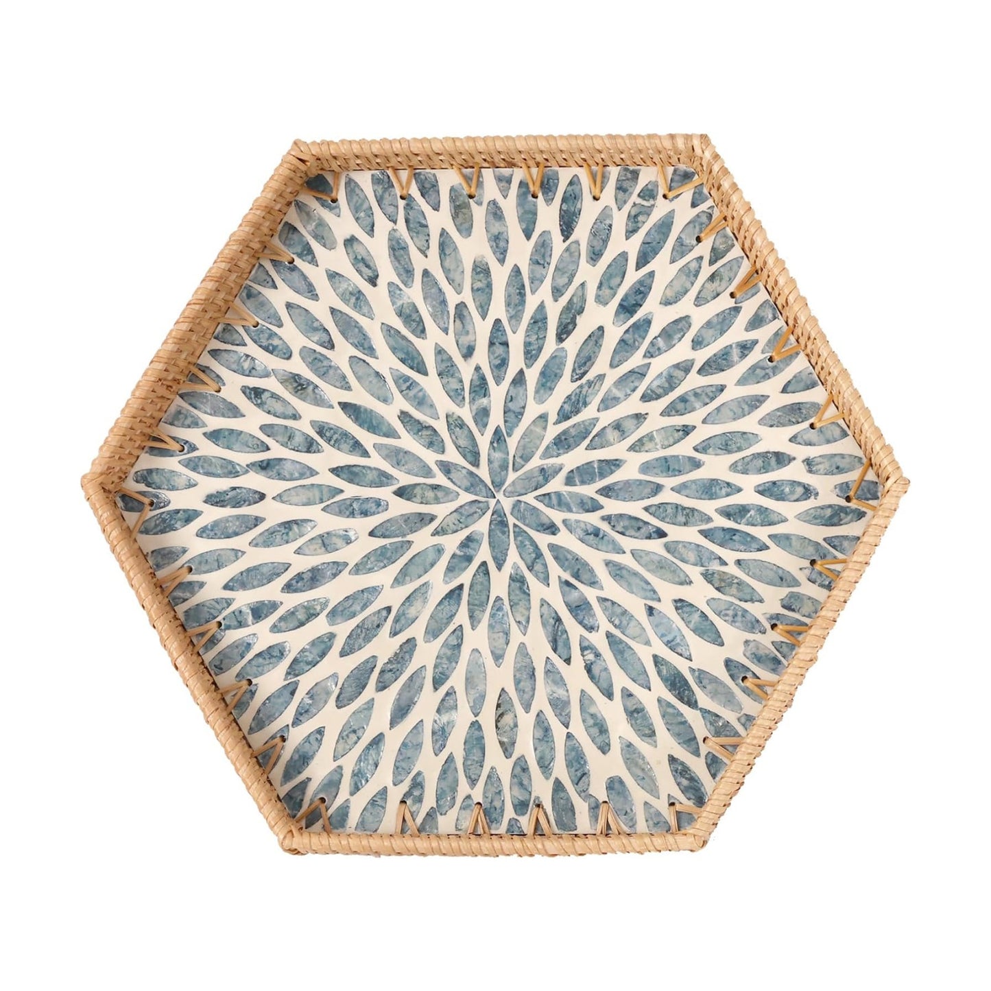 Hexagon Rattan Tray / Light Blue Leaves