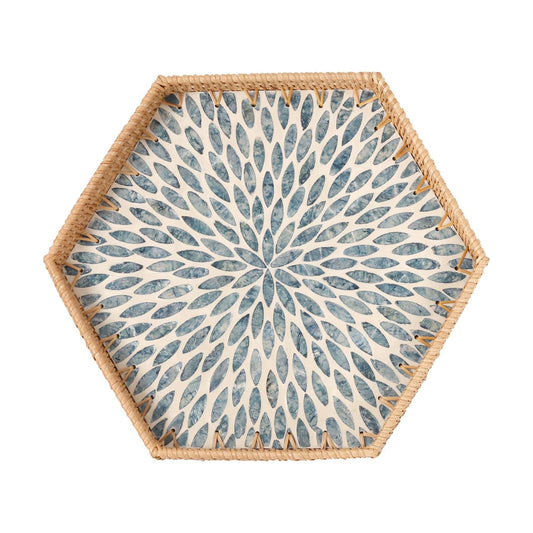 Hexagon Rattan Tray / Light Blue Leaves